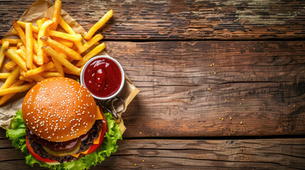 Top view of juicy burger, french fries, sauces, chips on a wooden background, Generative Ai