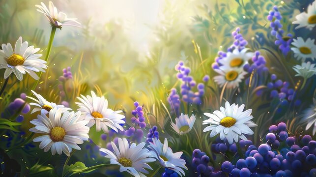a spring landscape panorama adorned with blooming flowers in a vibrant meadow, featuring white daisies and purple blueberries painting the field with a colorful tapestry of nature's bounty.