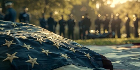 Patriotic Honor: American Flag Over Coffin at Military Funeral - obrazy, fototapety, plakaty