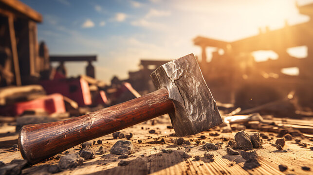 Close-up View of Hammer at Work in Afternoon Sunlight, Perfect for DIY Project Articles and Construction Themes