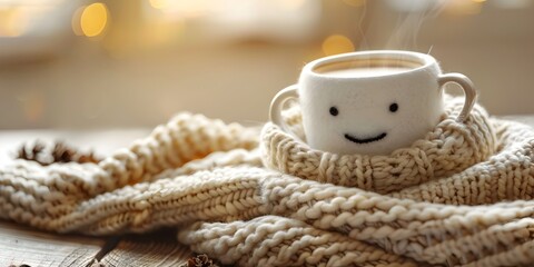 Cozy Blanket and Cheerful Coffee Character Enjoying a Snug Sipping Moment with Warm Comfort and Relaxation - obrazy, fototapety, plakaty