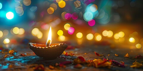 Festival of Lights: A Diya's Flame Dancing Amongst Vivid Festival Colors