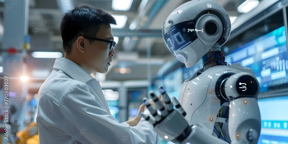 Poster ai chatbot interacting with a man showing advanced technology and artificial intelligence in action.