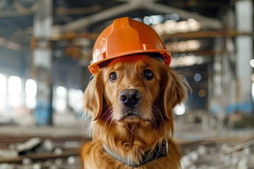 Adorable Dog Wearing Hard Hat, Construction Site Safety, Humorous Animal Photography, High Resolution Image - obrazy, fototapety, plakaty