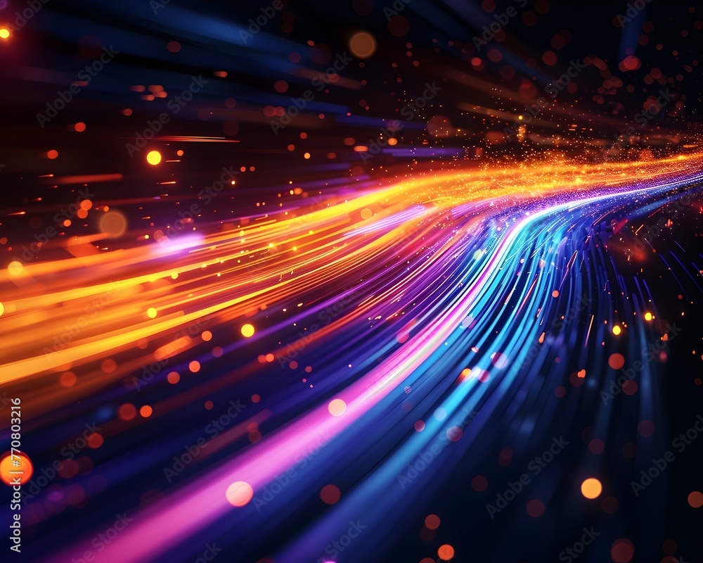 Poster dynamic high speed data streaming visual with vibrant luminous trails across a captivating dark back