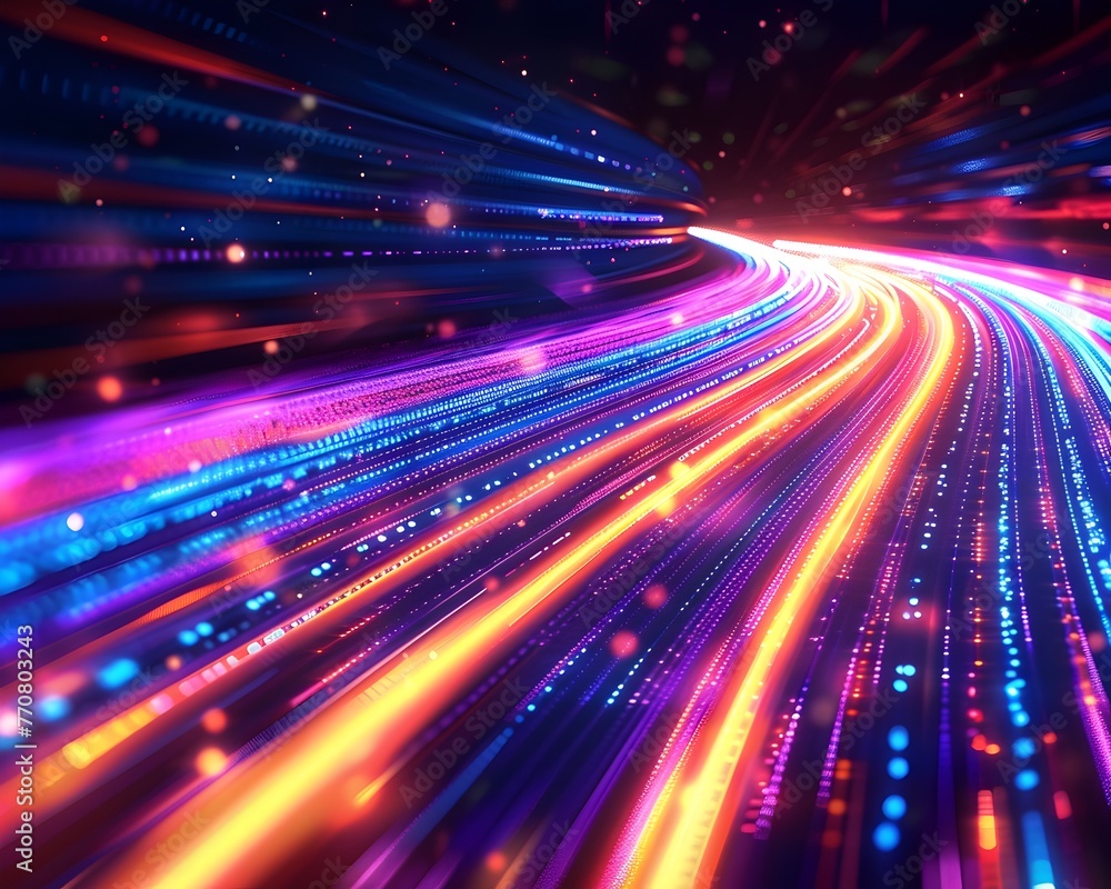 Poster high speed data streaming visual with vibrant lines across a dark background depicting the speed of 