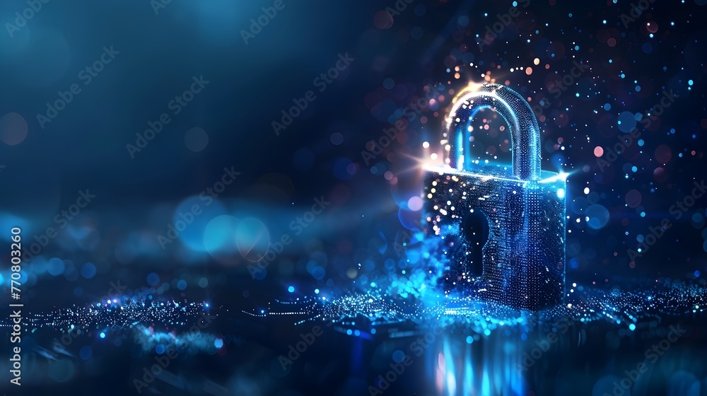 Poster cybersecurity concept with glowing digital lock protecting data integrity in futuristic cyber networ