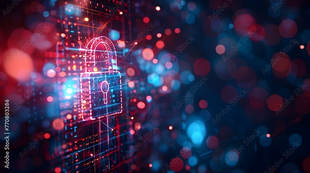 Aufkleber a cybersecurity concept showcasing a futuristic digital lock within a complex network