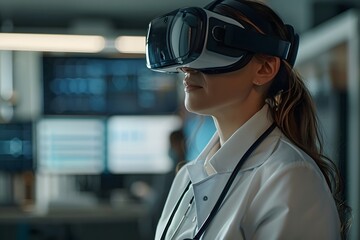 Asian women wearing a VR headset experiencing intergrated virtual reality, meidcal therepy concept