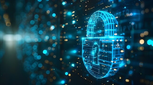 a visually striking cybersecurity concept showcasing a futuristic glowing digital lock