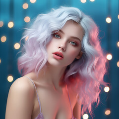 The perfect photo of a beautiful sensual blonde with delicate makeup, sensual lips, delicate skin and luxurious ash pink hair, on a colorful fantasy background.