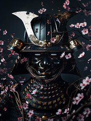 Portrait of a samurai warrior fully helmeted and with glowing eyes. Around it there are cherry blossoms that are blooming and falling.