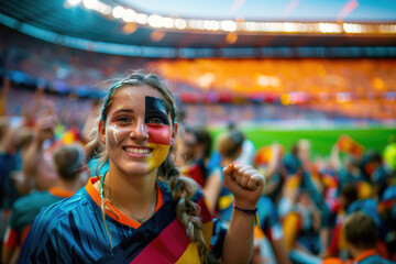 German soccer fan woman with national flag of german painted on her face.. Celebrating crowd in a stadium. Cheering during a match in stadium - obrazy, fototapety, plakaty