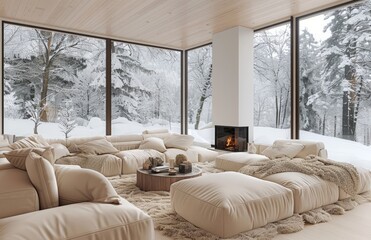 A cozy living room with large windows, showcasing the snowy landscape outside and an elegant fireplace