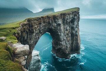 Drangarnir like arch on Faroe Islands in Atlantic ocean landscape with cliff
