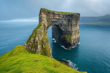 Drangarnir like arch on Faroe Islands in Atlantic ocean landscape with cliff