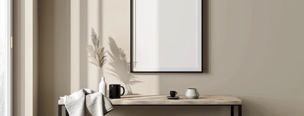 a stylish Scandinavian interior hallway, featuring an elegant console adorned with a cozy blanket and a sleek black mug, all set against a backdrop of beige tones, with a black poster frame mockup.