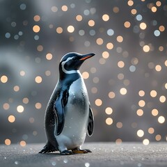 Glass penguin on ice, blurry light spots on the background - obrazy, fototapety, plakaty