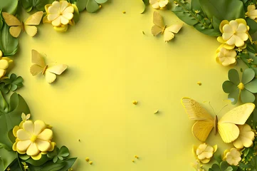 Tuinposter yellow color frame of clover leaves view butterflies 3d background landscape wallpaper © Ivanda