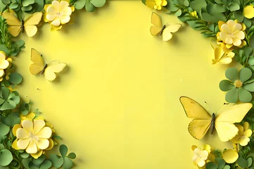  yellow color frame of clover leaves view butterflies 3d background landscape wallpaper © Ivanda
