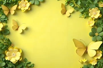 Fototapete yellow color frame of clover leaves view butterflies 3d background landscape wallpaper © Ivanda