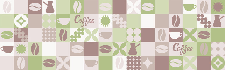Coffee seamless background for textile and wallpaper with geometric shapes and coffee beans. Fashionable splash template with a cup in brown and green tones. - 770805022