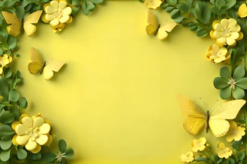 Schilderijen op glas yellow color frame of clover leaves view butterflies 3d background landscape wallpaper © Ivanda