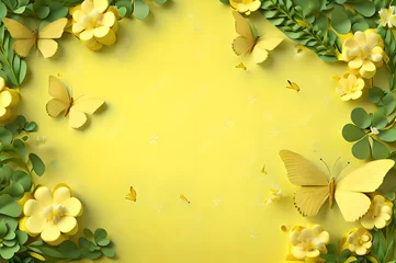 Cercles muraux Jaune yellow color frame of clover leaves view butterflies 3d background landscape wallpaper