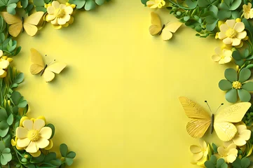 Schilderijen op glas yellow color frame of clover leaves view butterflies 3d background landscape wallpaper © Ivanda
