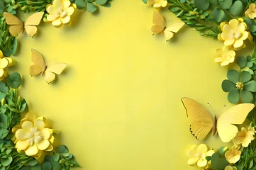 Fotobehang yellow color frame of clover leaves view butterflies 3d background landscape wallpaper © Ivanda