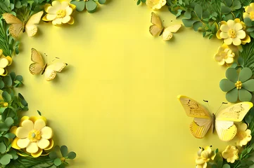 Keuken spatwand met foto yellow color frame of clover leaves view butterflies 3d background landscape wallpaper © Ivanda