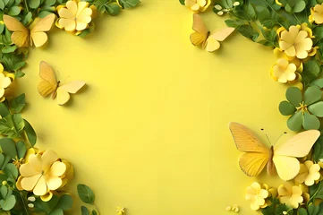 Türaufkleber yellow color frame of clover leaves view butterflies 3d background landscape wallpaper © Ivanda