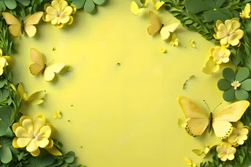 Papier Peint photo autocollant Jaune yellow color frame of clover leaves view butterflies 3d background landscape wallpaper
