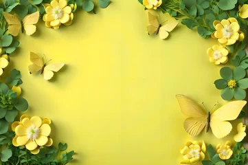 Selbstklebende Fototapeten yellow color frame of clover leaves view butterflies 3d background landscape wallpaper © Ivanda