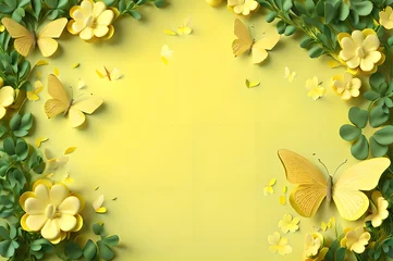 Raamstickers yellow color frame of clover leaves view butterflies 3d background landscape wallpaper © Ivanda