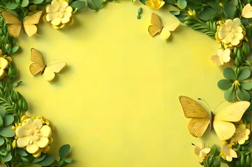 Selbstklebende Fototapeten yellow color frame of clover leaves view butterflies 3d background landscape wallpaper © Ivanda