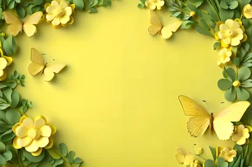 Möbelaufkleber yellow color frame of clover leaves view butterflies 3d background landscape wallpaper © Ivanda