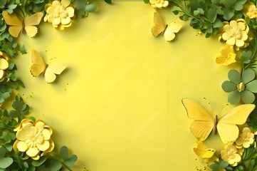 Gordijnen yellow color frame of clover leaves view butterflies 3d background landscape wallpaper © Ivanda