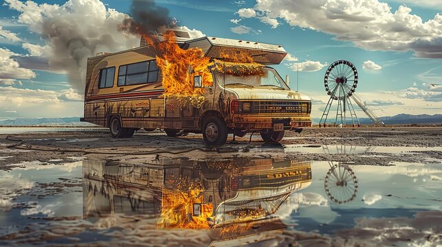 Stylish photo of a burning RV in front of a ferris wheel