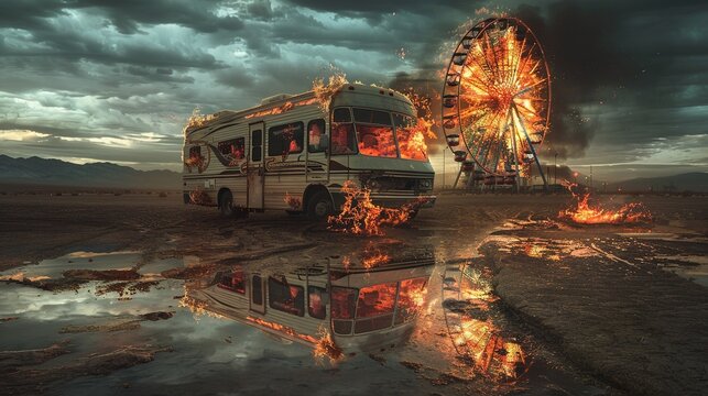 Stylish photo of a burning RV in front of a ferris wheel