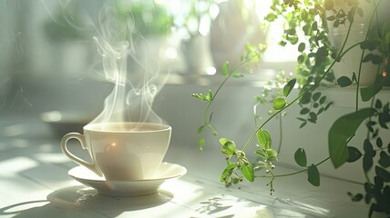 Morning Serenity: A Steaming Cup of Tea Amidst Lush Greenery and Gentle Sunlight - obrazy, fototapety, plakaty