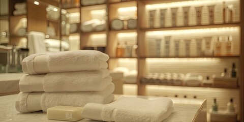 Luxury Spa Ambience with Stacked Towels and Warm Illuminated Shelves - obrazy, fototapety, plakaty