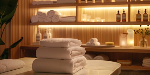 Luxury Spa Ambience with Stacked Towels and Warm Illuminated Shelves - obrazy, fototapety, plakaty