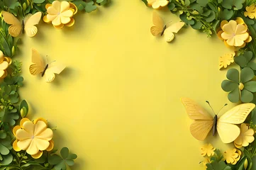 Foto auf Alu-Dibond yellow color frame of clover leaves view butterflies 3d background landscape wallpaper © Ivanda