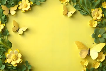 Foto op Plexiglas yellow color frame of clover leaves view butterflies 3d background landscape wallpaper © Ivanda