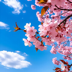 cherry-blossom-leaves-falling-on-a-cherry-tree-with-a-blue-sky-with-clouds-view-from-a-distance.Generative AI
