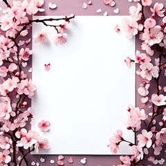 a4-paper-with-cherry-blossoms-and-hearts-around-postcard-on-white-background-blank-paper-wa (1).Generative AI