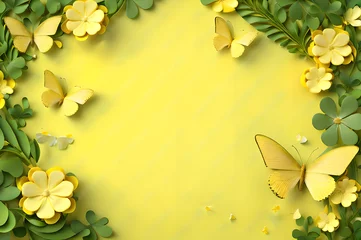 Photo sur Aluminium Jaune yellow color frame of clover leaves view butterflies 3d background landscape wallpaper