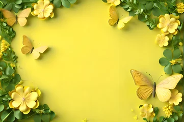 Deurstickers yellow color frame of clover leaves view butterflies 3d background landscape wallpaper © Ivanda