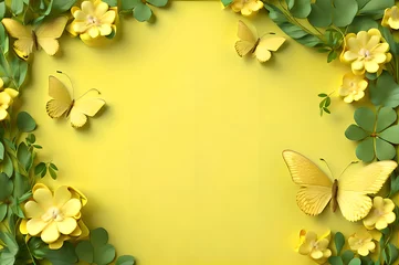 Foto auf Alu-Dibond yellow color frame of clover leaves view butterflies 3d background landscape wallpaper © Ivanda